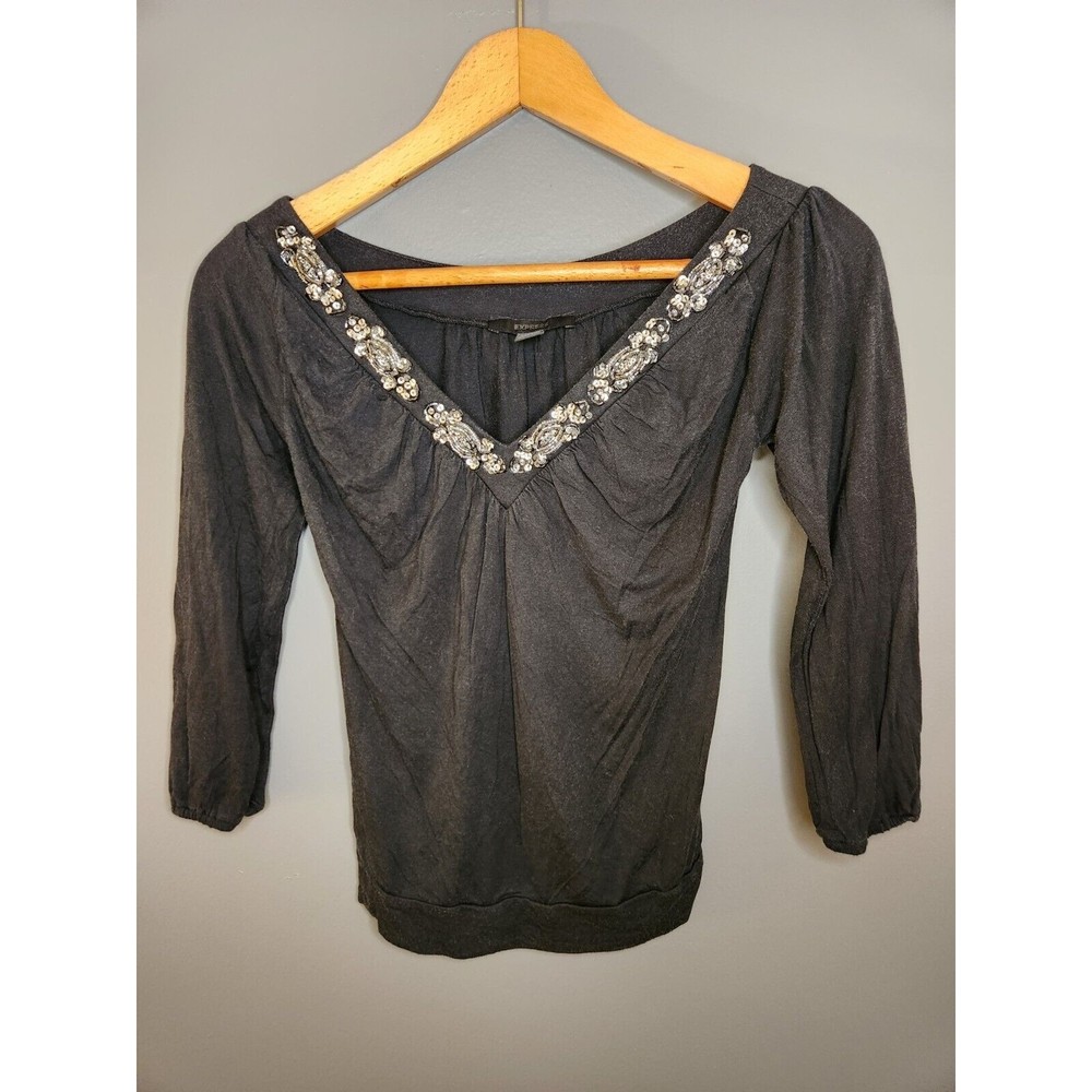Express V-Neck Blouse‎ Shirt Women's XS Ruched 3/4 Length Sleeve Black